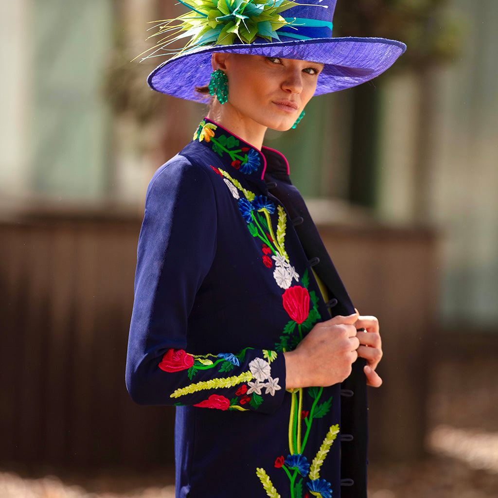 Navy Spring Tide Embroidered Nehru Long Coat