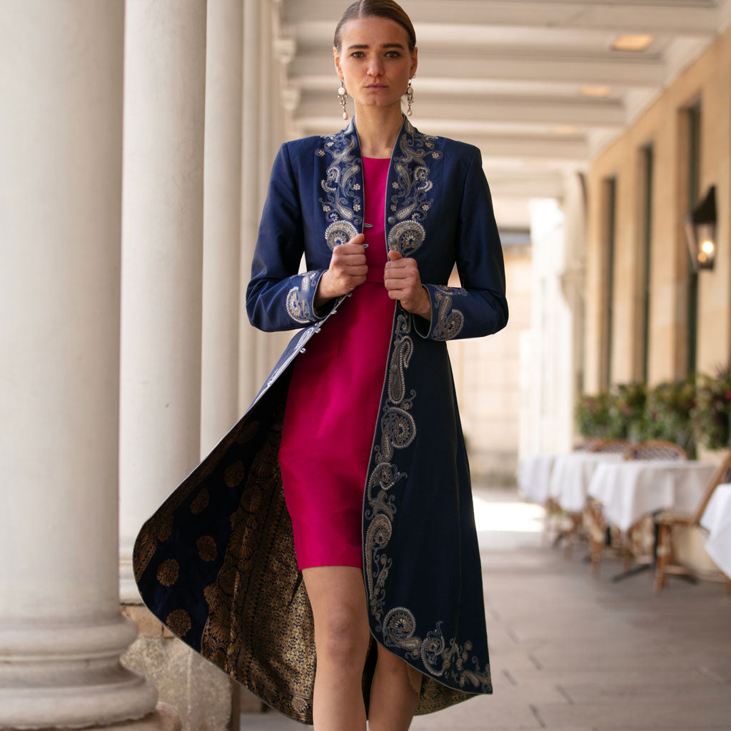 long silk coat dress Cadbury Purple Silk Wedding Coat Dress, Black Lace, Beaded, Bespoke