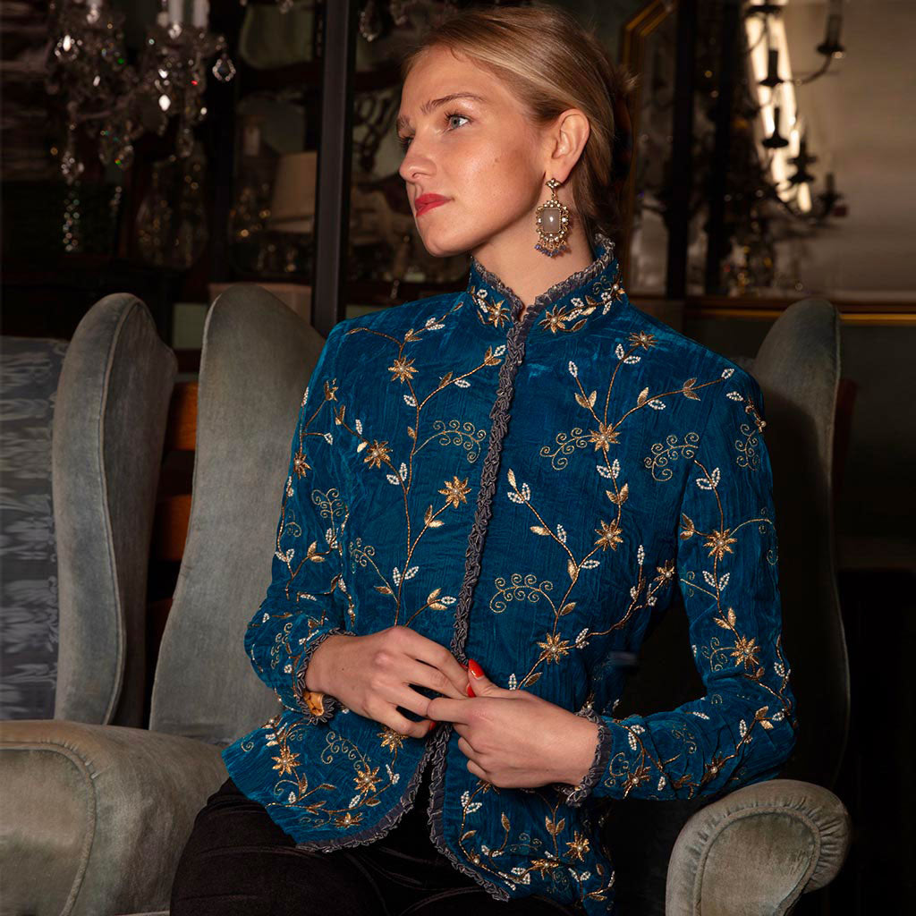 Athenian Blue Pearl Klimt Velvet Short Jacket