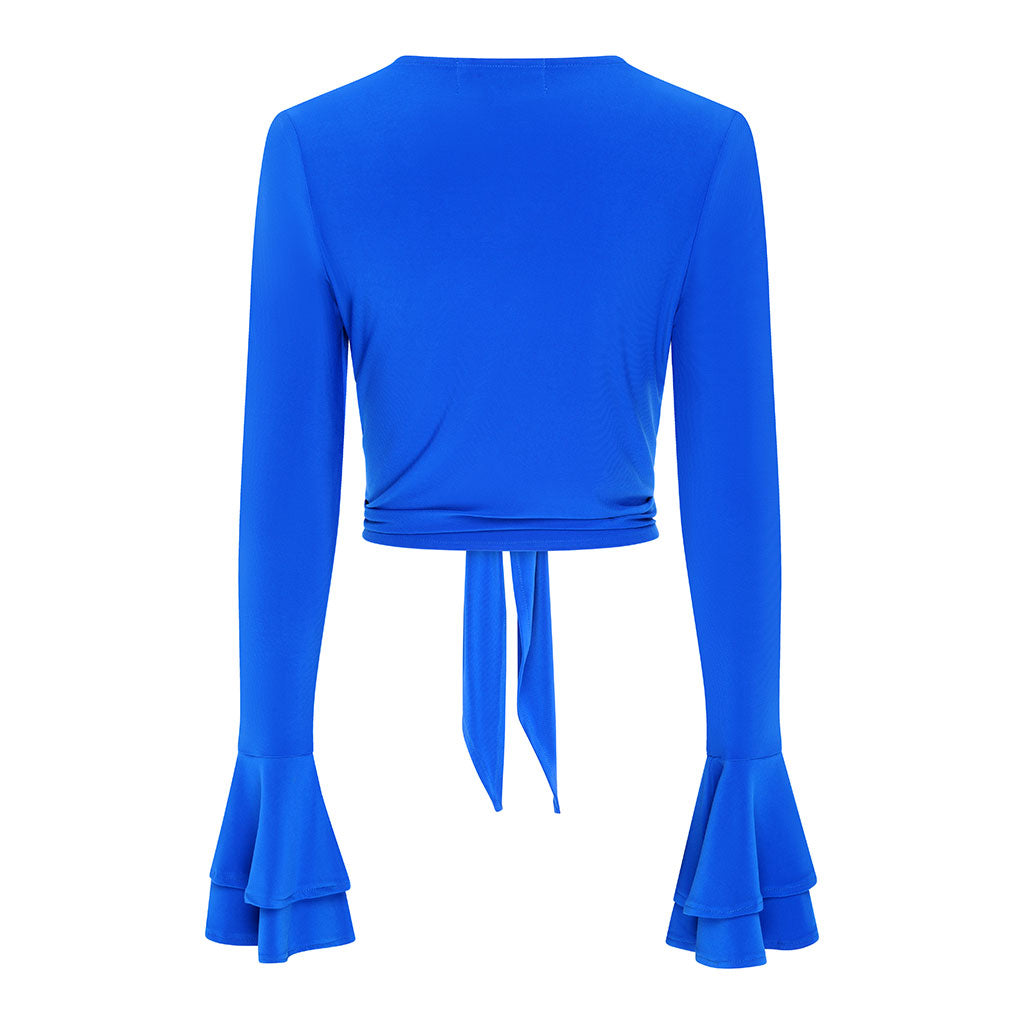 Blue Frill Sleeve Tie Front Top