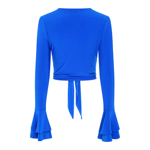 Blue Frill Sleeve Tie Front Top