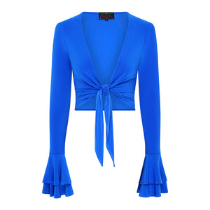 Blue Frill Sleeve Tie Front Top