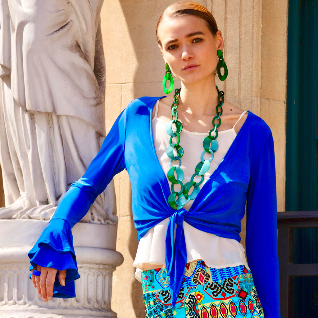 Blue Frill Sleeve Tie Front Top - Beatrice von Tresckow Designs