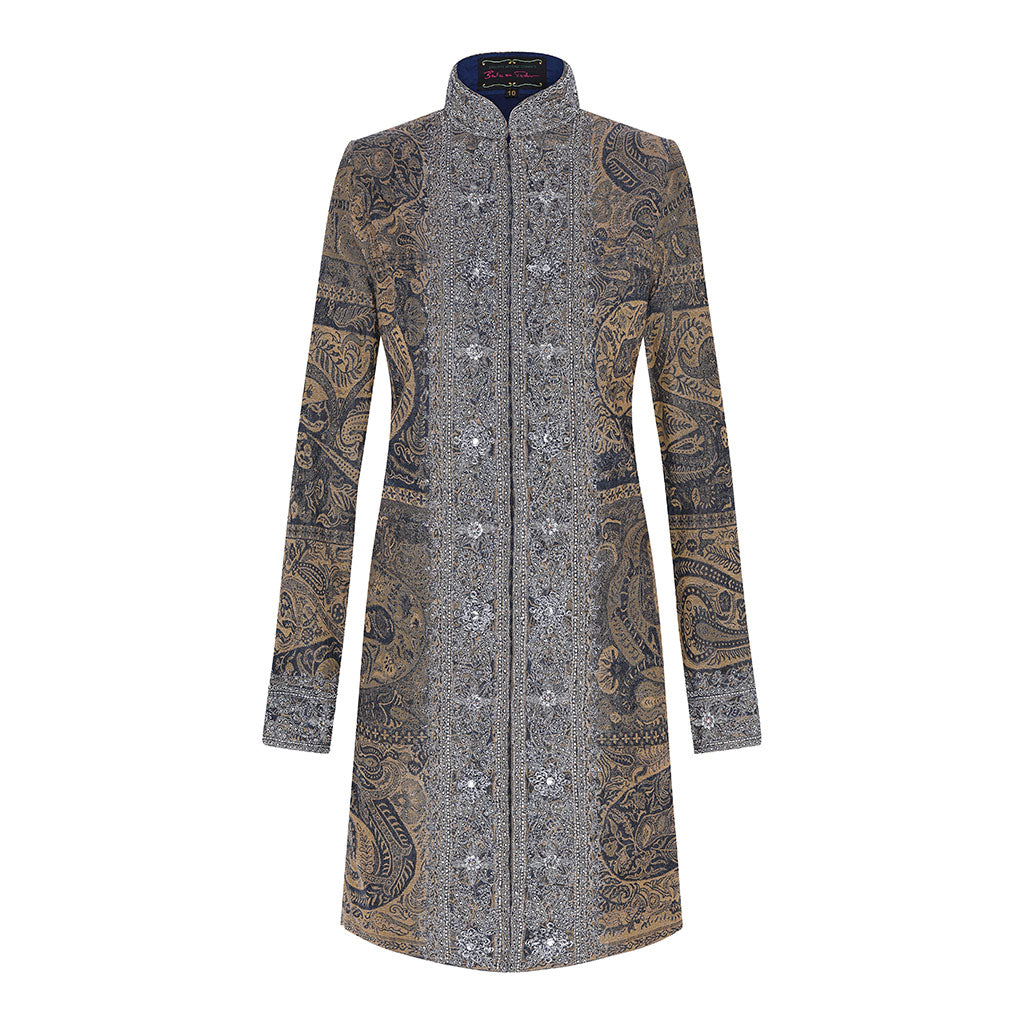 Blue Silver Rosette Wool Paisley Shawl Jacket