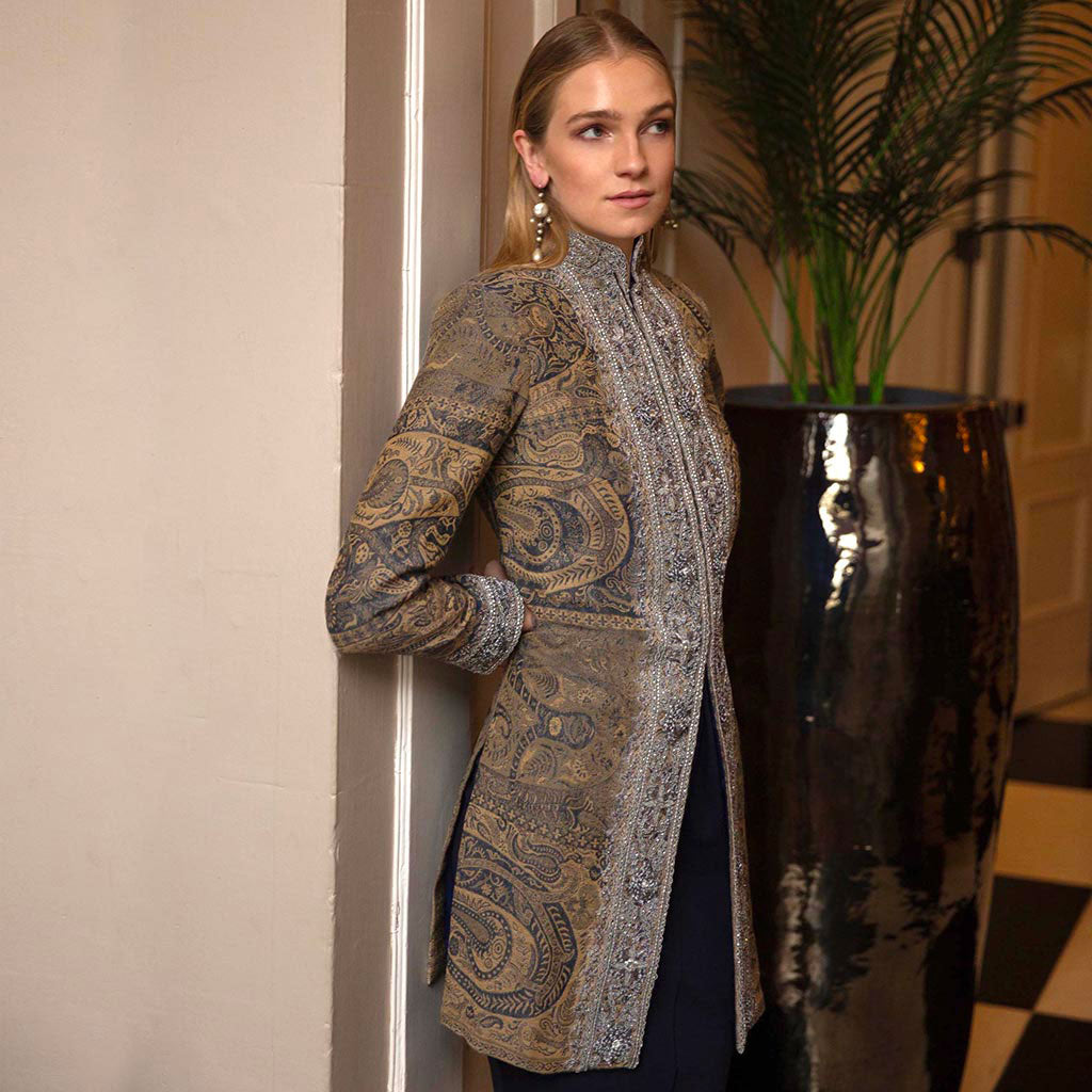 Blue Silver Rosette Wool Paisley Shawl Jacket
