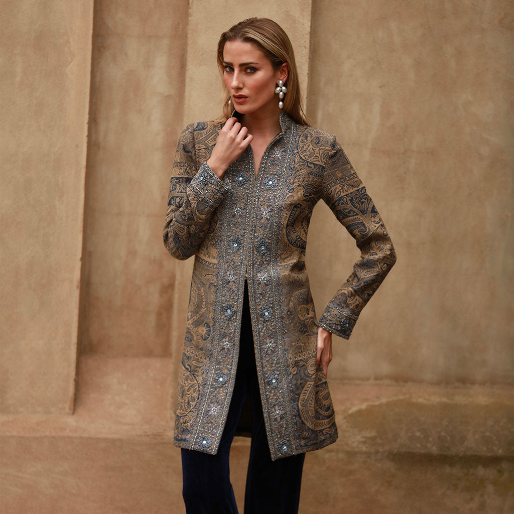 Blue Silver Rosette Wool Paisley Shawl Jacket