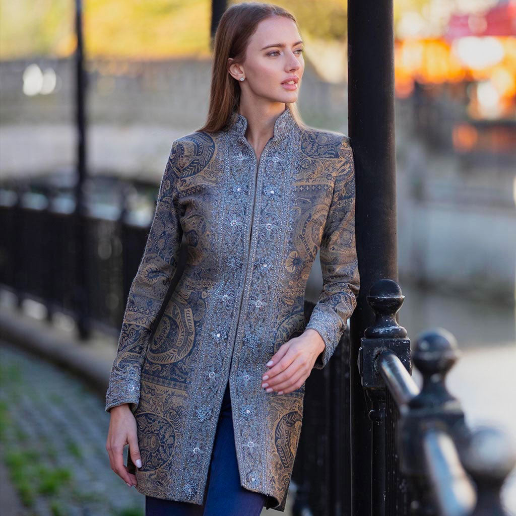 Blue Silver Rosette Wool Paisley Shawl Jacket