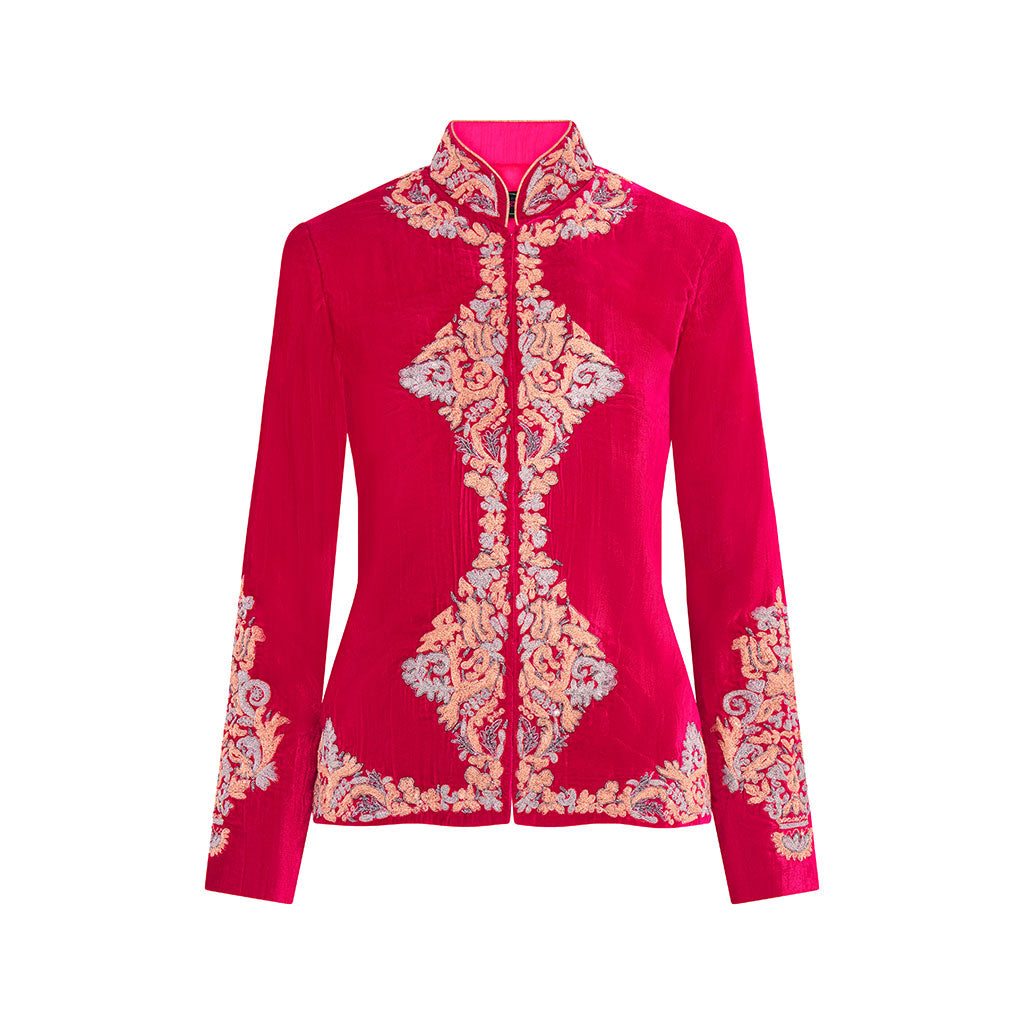 Cerise Embroidered Velvet Eugenie Short Jacket