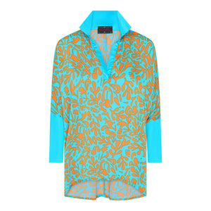 Turquoise/Orange Coral Print Oversized Shirt