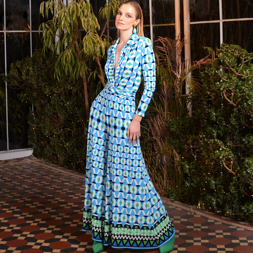 Blue Geometric Wide Leg Jumpsuit