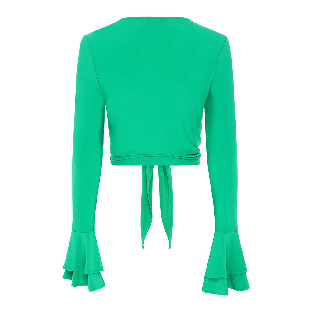 Green Frill Sleeve Tie Front Top