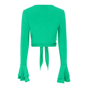 Green Frill Sleeve Tie Front Top