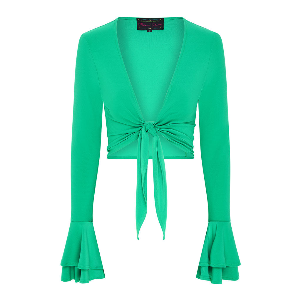 Green Frill Sleeve Tie Front Top