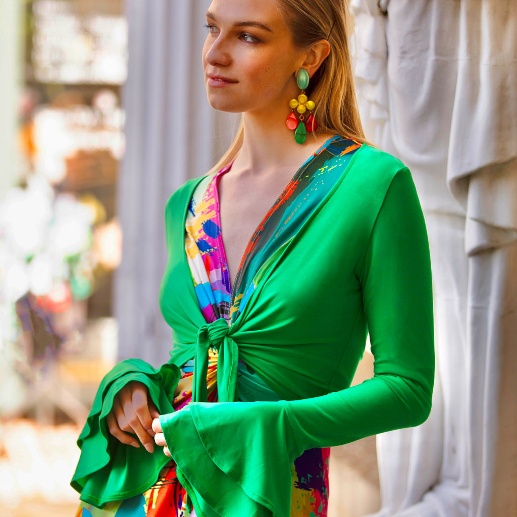 Green Frill Sleeve Tie Front Top
