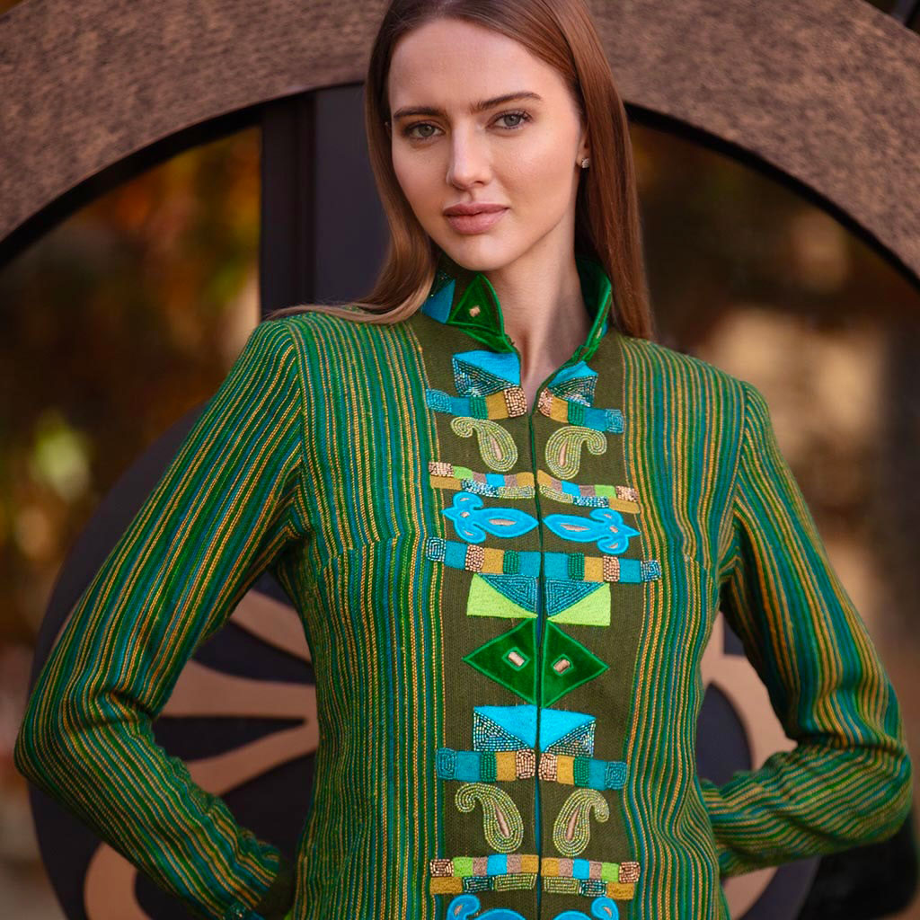 Green Stripes Cubic Paisley Shawl Wool Jacket