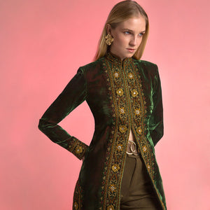 Green Velvet Rosette Long Coat