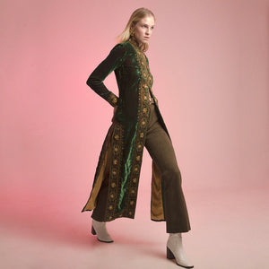 Green Velvet Rosette Long Coat