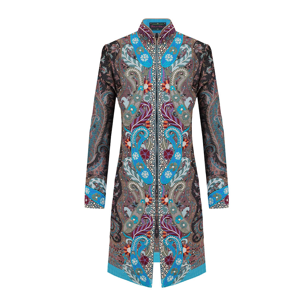Grey/Turquoise Pearl Paisley Shawl Wool Jacket