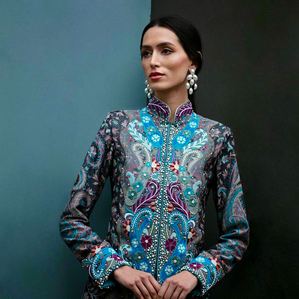 Grey/Turquoise Pearl Paisley Shawl Wool Jacket