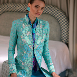 Light Blue Pearl Paisley Shawl Nehru Jacket