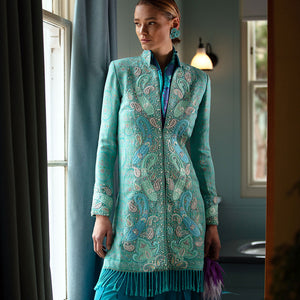 Light Blue Pearl Paisley Shawl Nehru Jacket