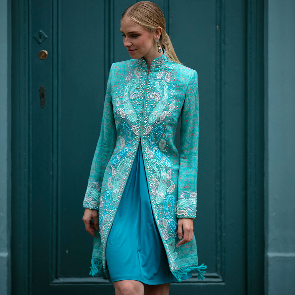 Light Blue Pearl Paisley Shawl Nehru Jacket