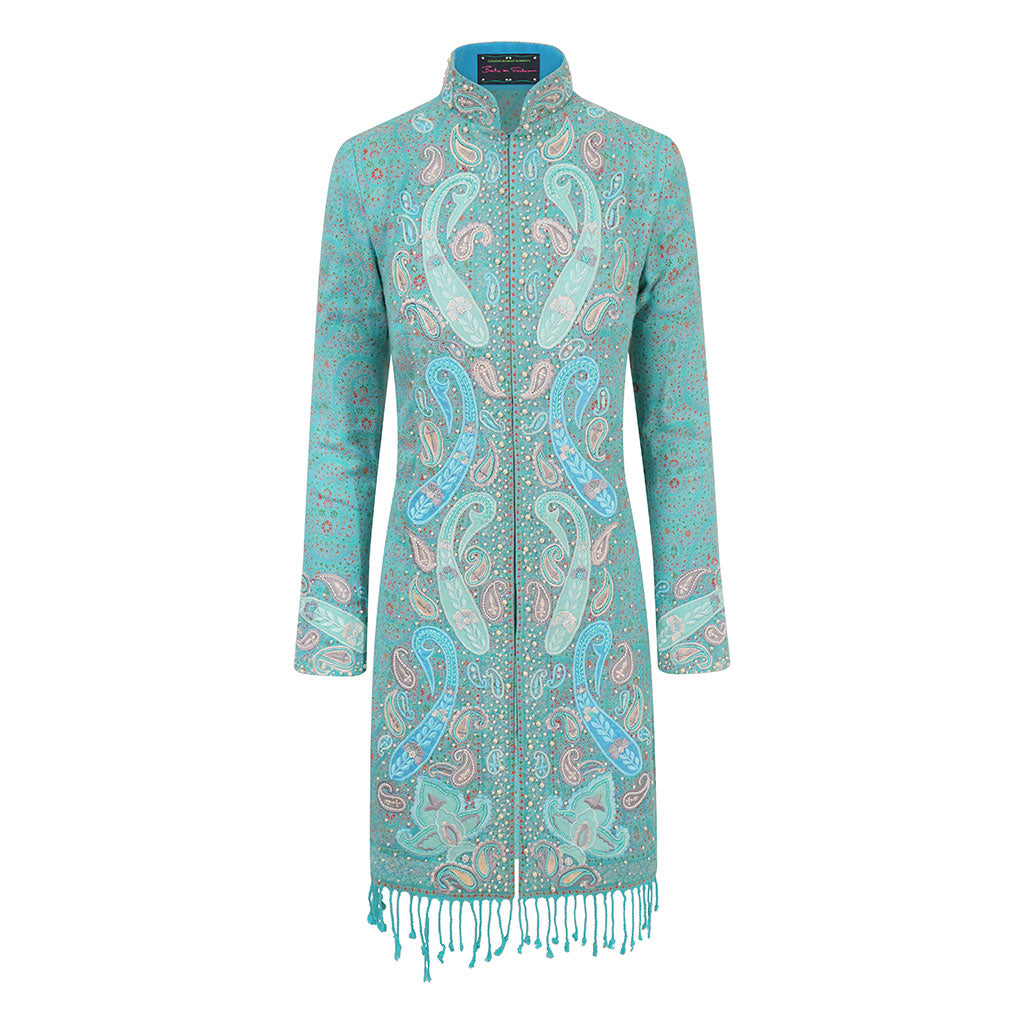 Light Blue Pearl Paisley Shawl Nehru Jacket
