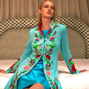 Light Blue Spring Tide Embroidered Nehru Long Coat