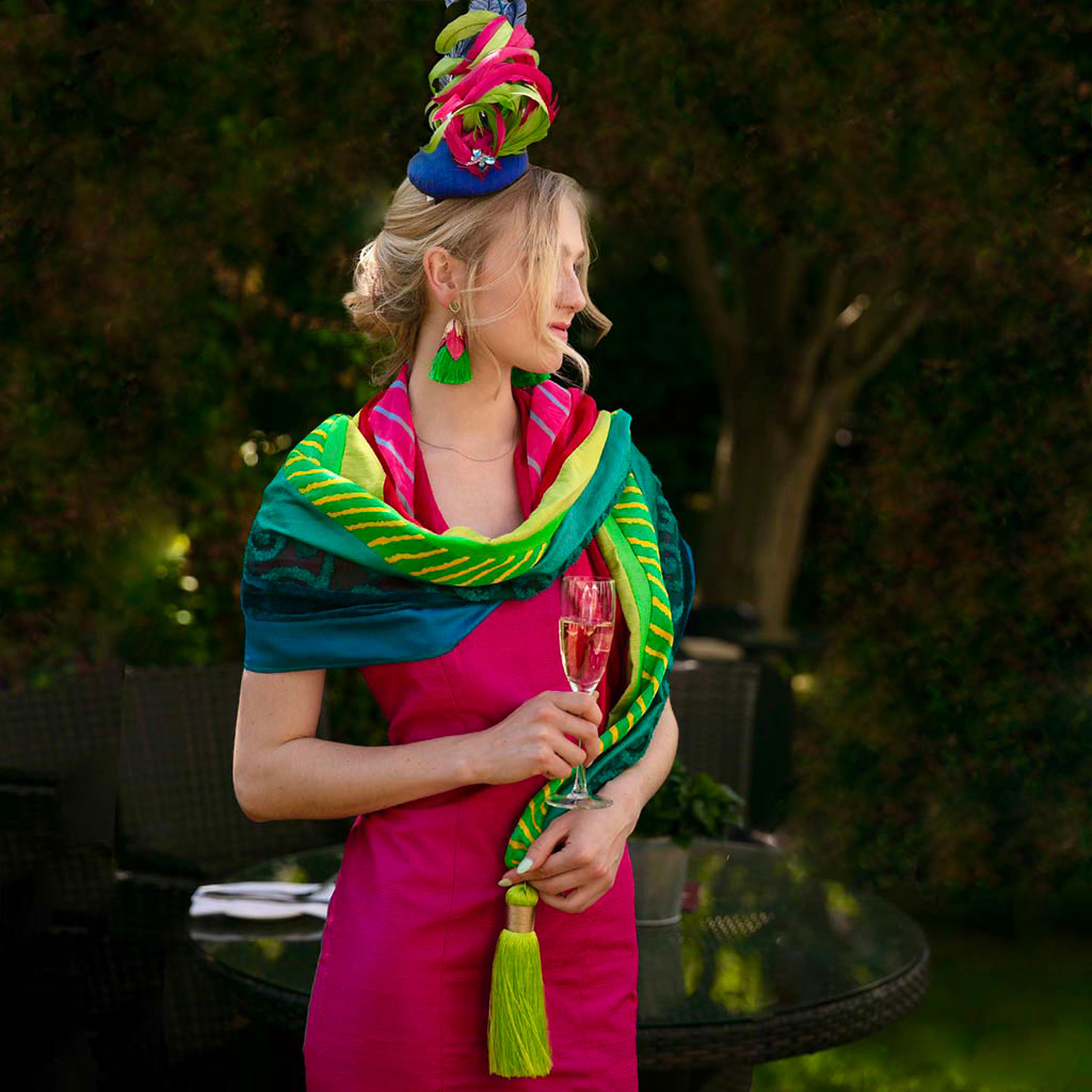 Lime/Pink Silk Mix Tassel Scarf
