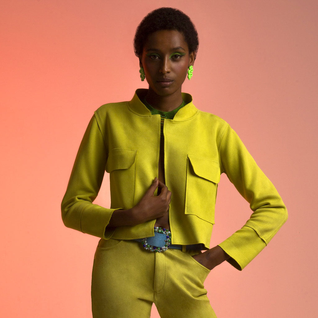 Lime Yellow Faux Suede Maya Cropped Jacket