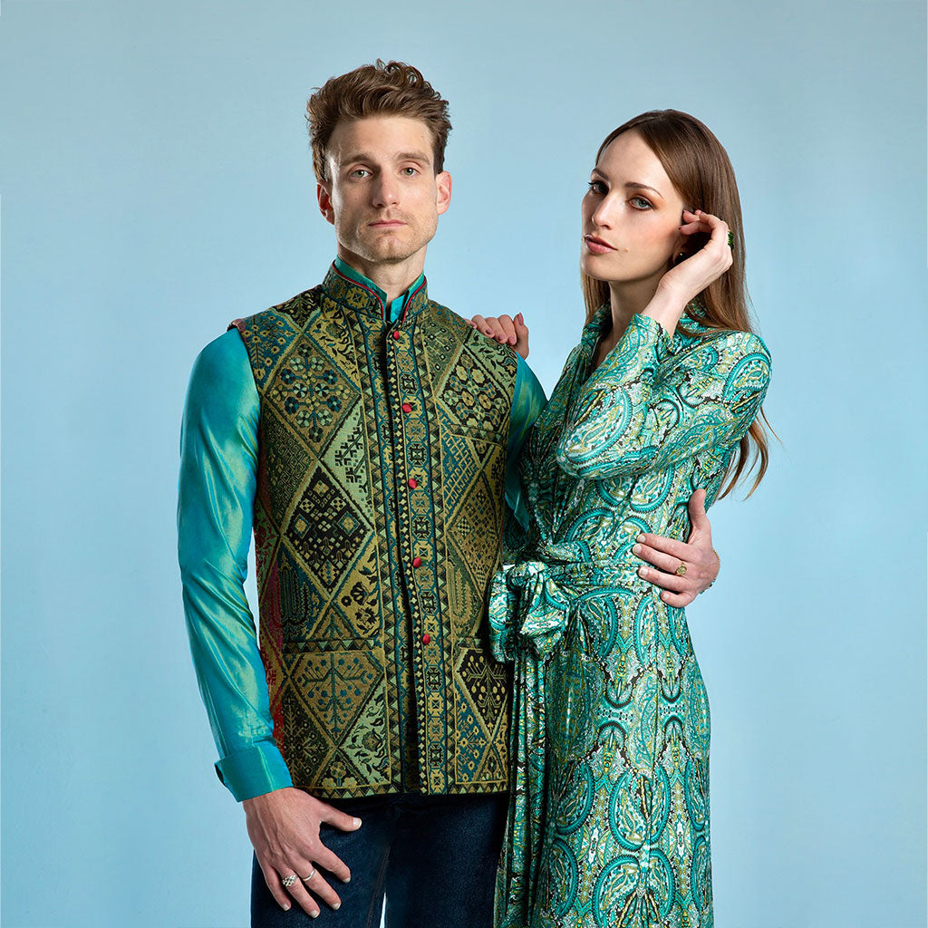 Mens Jade/Red Paisley Shawl Waistcoat