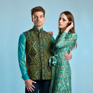 Mens Jade/Red Paisley Shawl Waistcoat