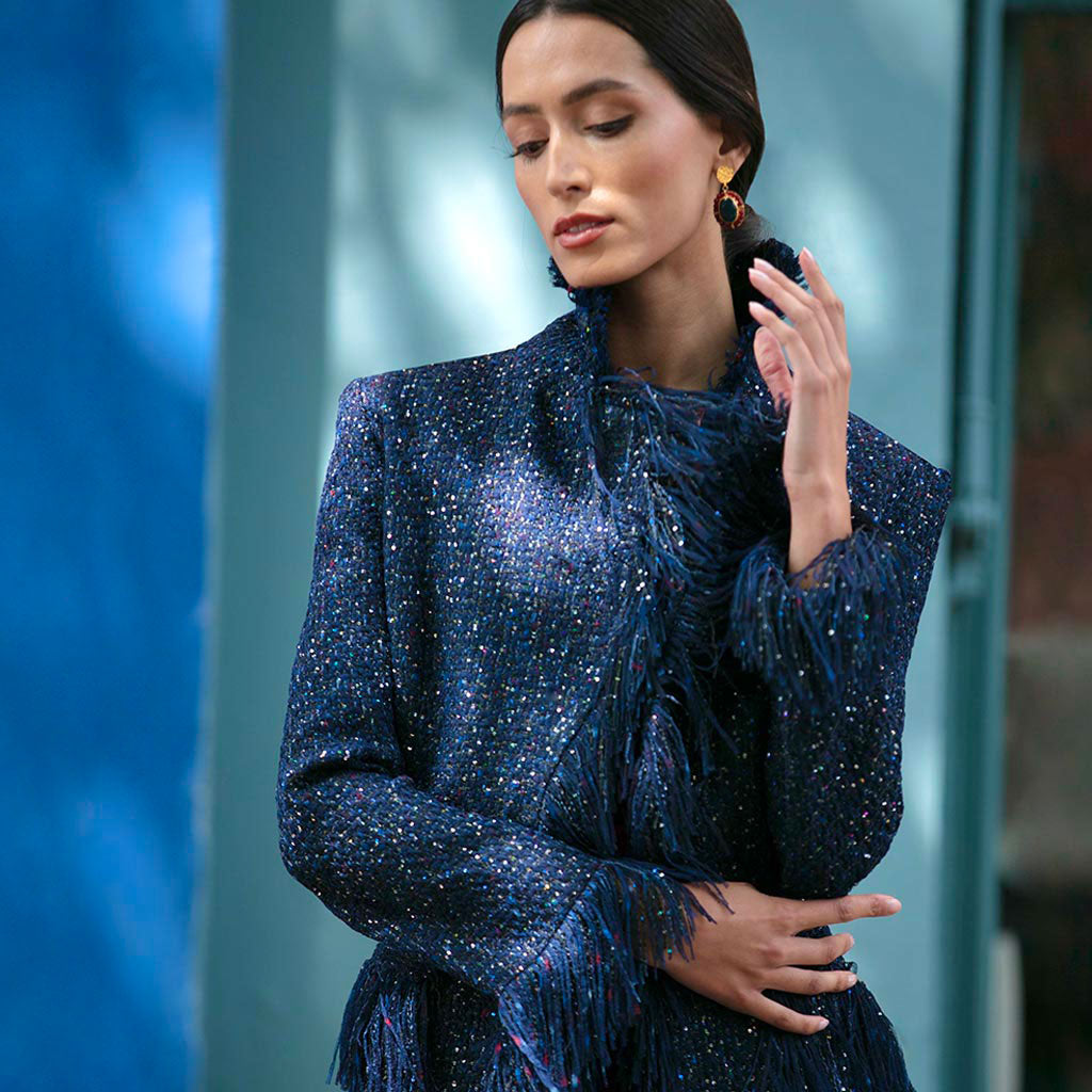 Midnight Blue Fringed Wool Ava Coat