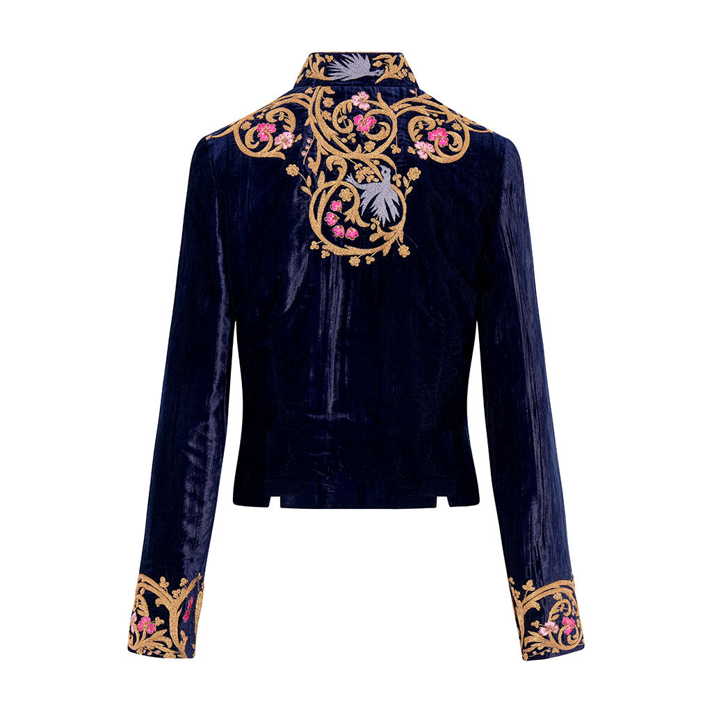 Navy Embroidered Velvet Valerie Cropped Jacket
