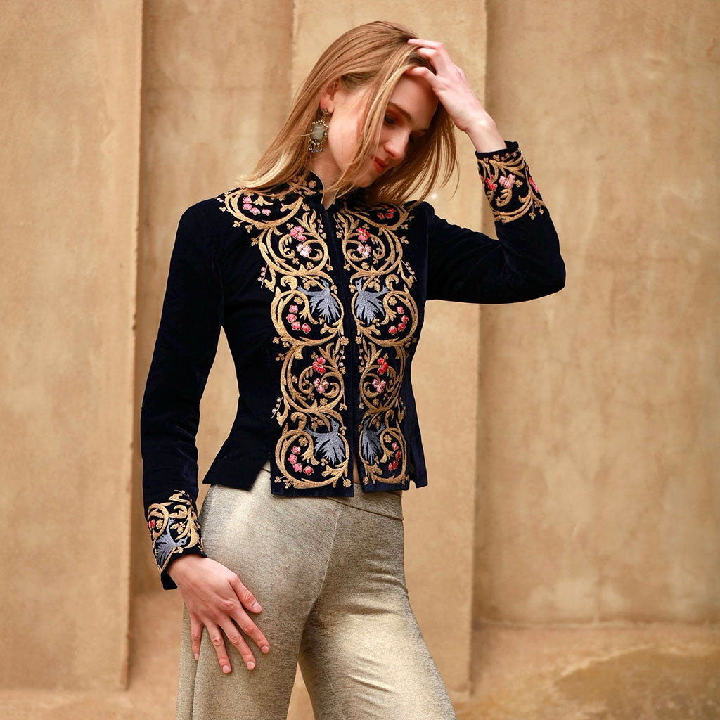 Navy Embroidered Velvet Valerie Cropped Jacket