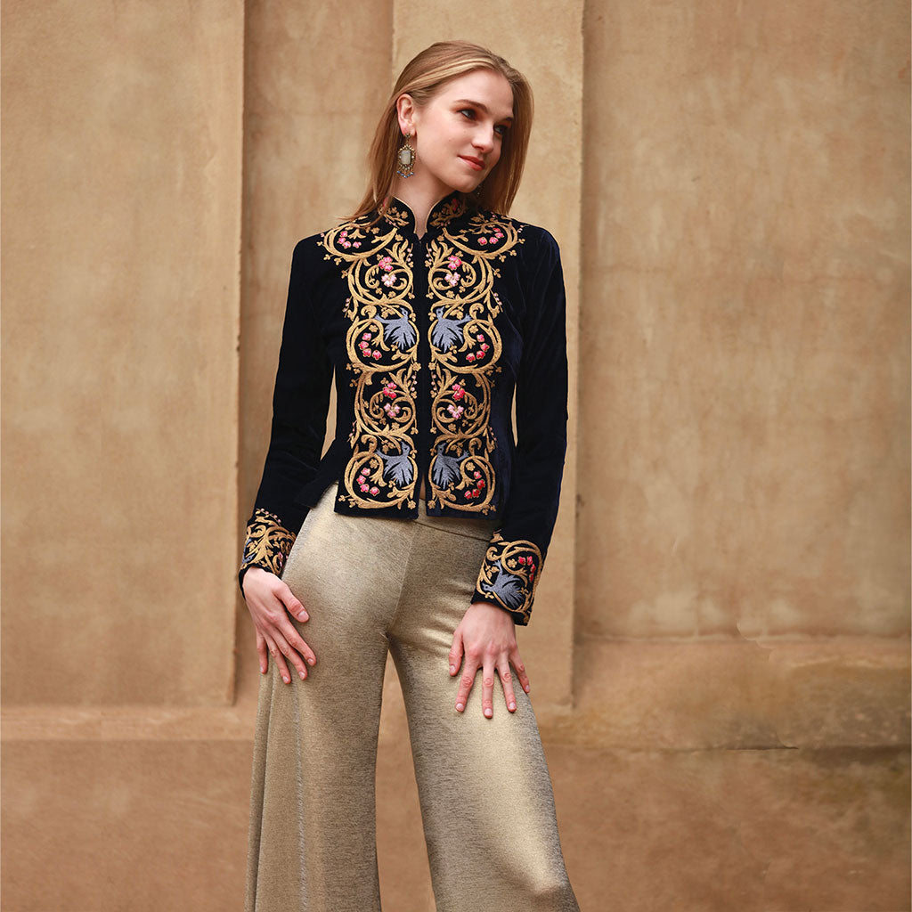 Navy Embroidered Velvet Valerie Cropped Jacket