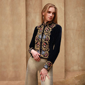 Navy Embroidered Velvet Valerie Cropped Jacket
