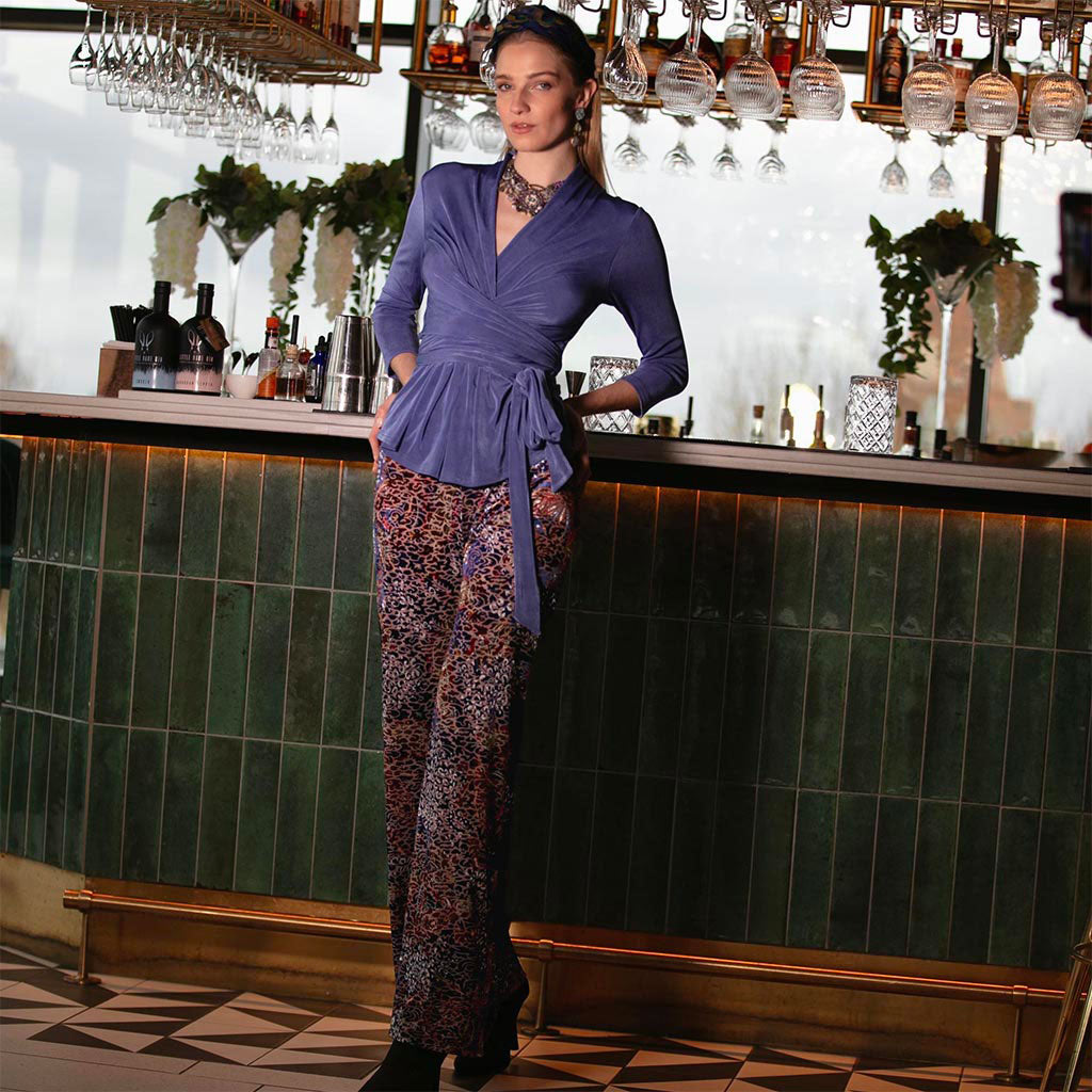 Navy Multi Ripple Devore Velvet Flare Trousers - Beatrice von Treskcow ...