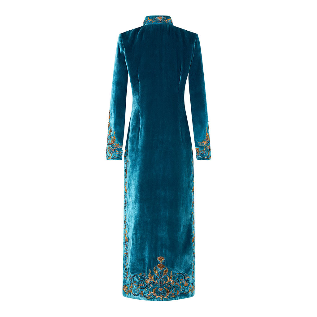 Ocean Nehru Embroidered Long Velvet Coat
