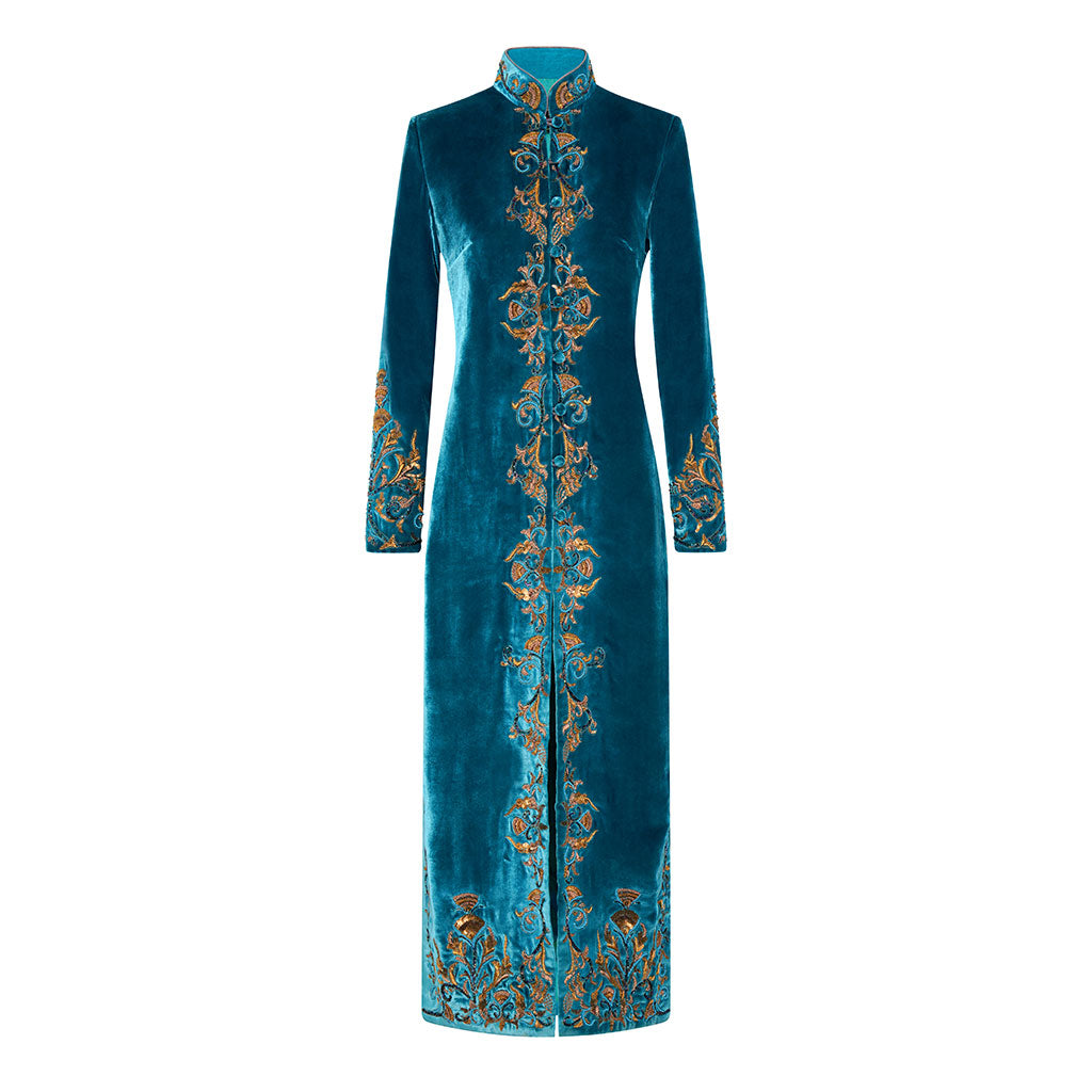 Ocean Nehru Embroidered Long Velvet Coat