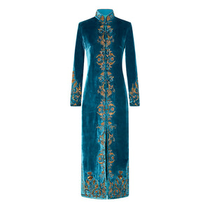 Ocean Nehru Embroidered Long Velvet Coat
