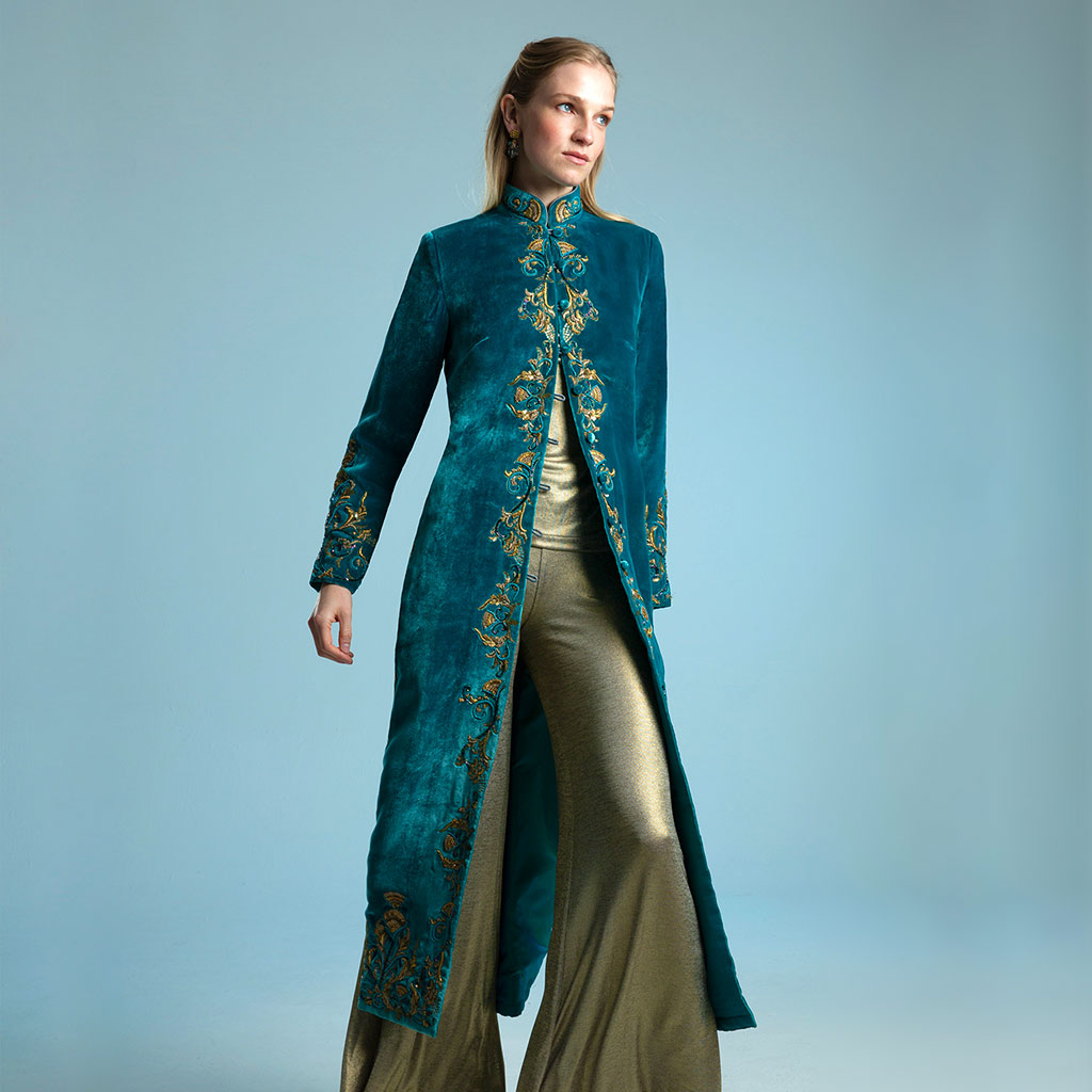 Ocean Nehru Embroidered Long Velvet Coat