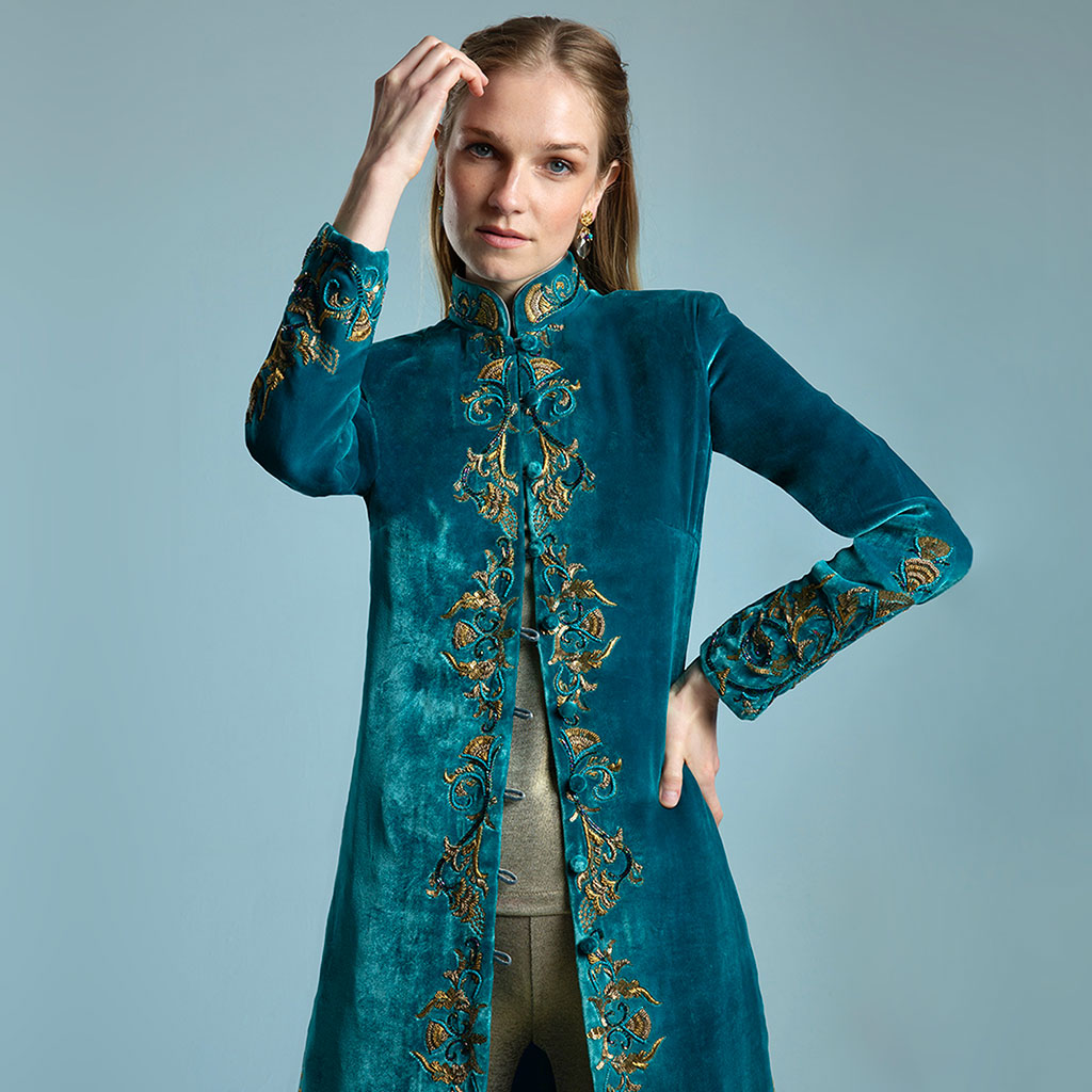 Ocean Nehru Embroidered Long Velvet Coat