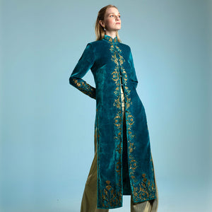 Ocean Nehru Embroidered Long Velvet Coat