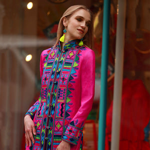 Pink Embroidered Silk Nomad Long Coat
