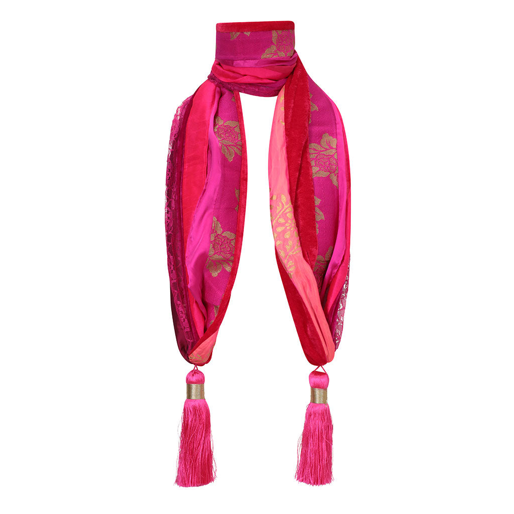 Pink Silk Mix Tassel Scarf
