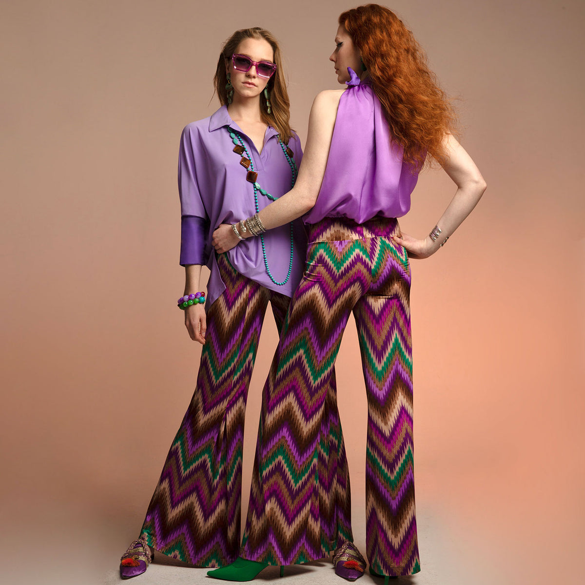 Purple Ikat Stretch Bell Bottom Flare Trousers