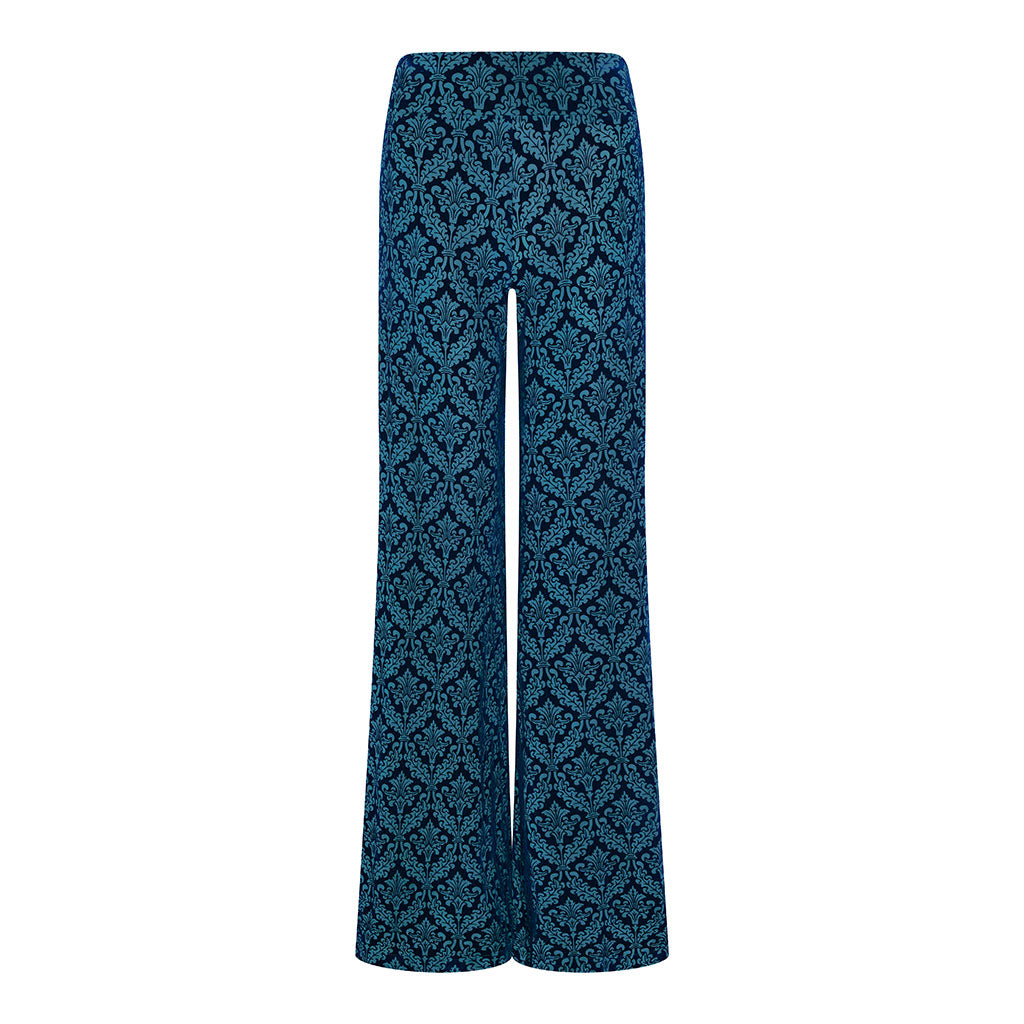 Navy / Jade Devore Velvet Flare Trousers