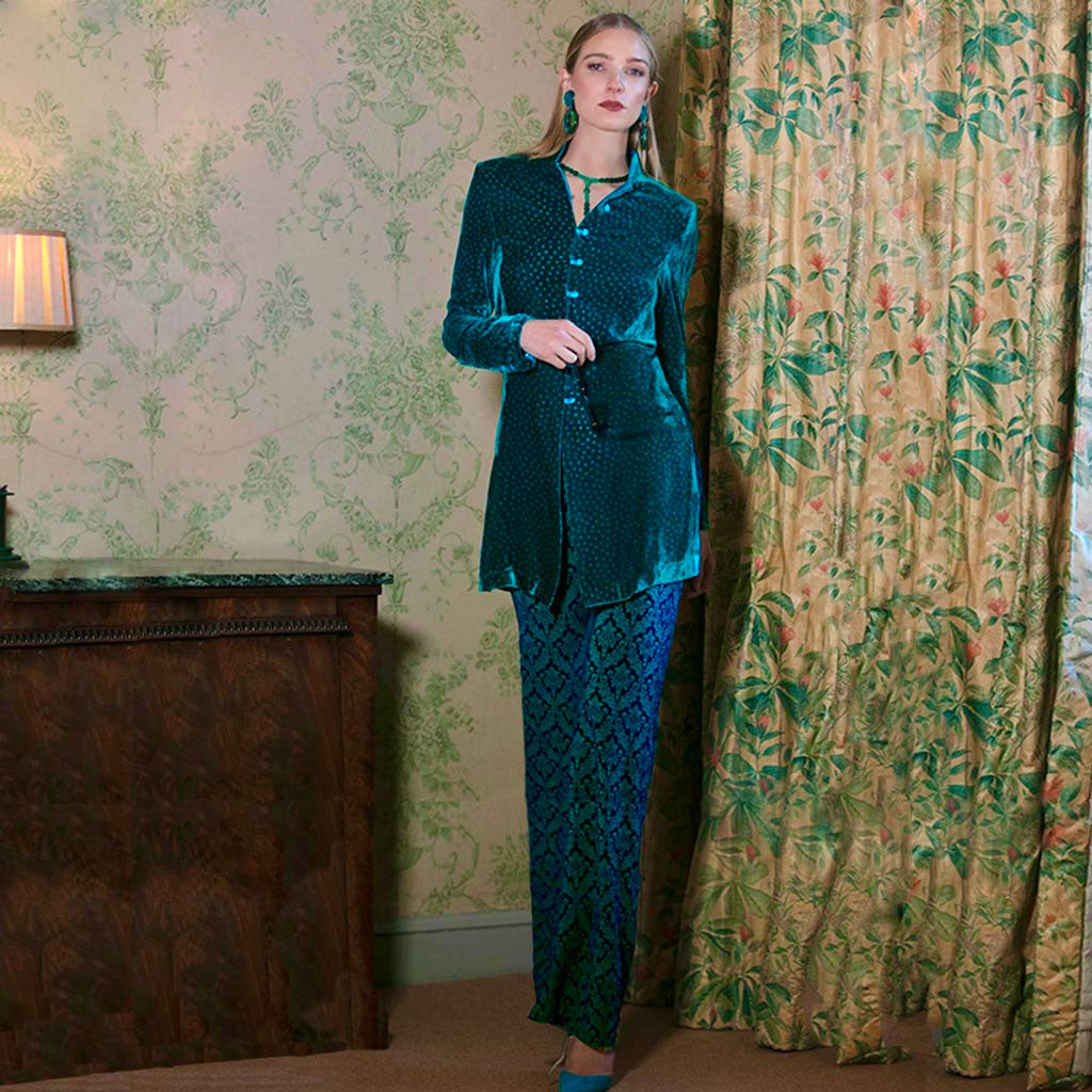 Navy / Jade Devore Velvet Flare Trousers