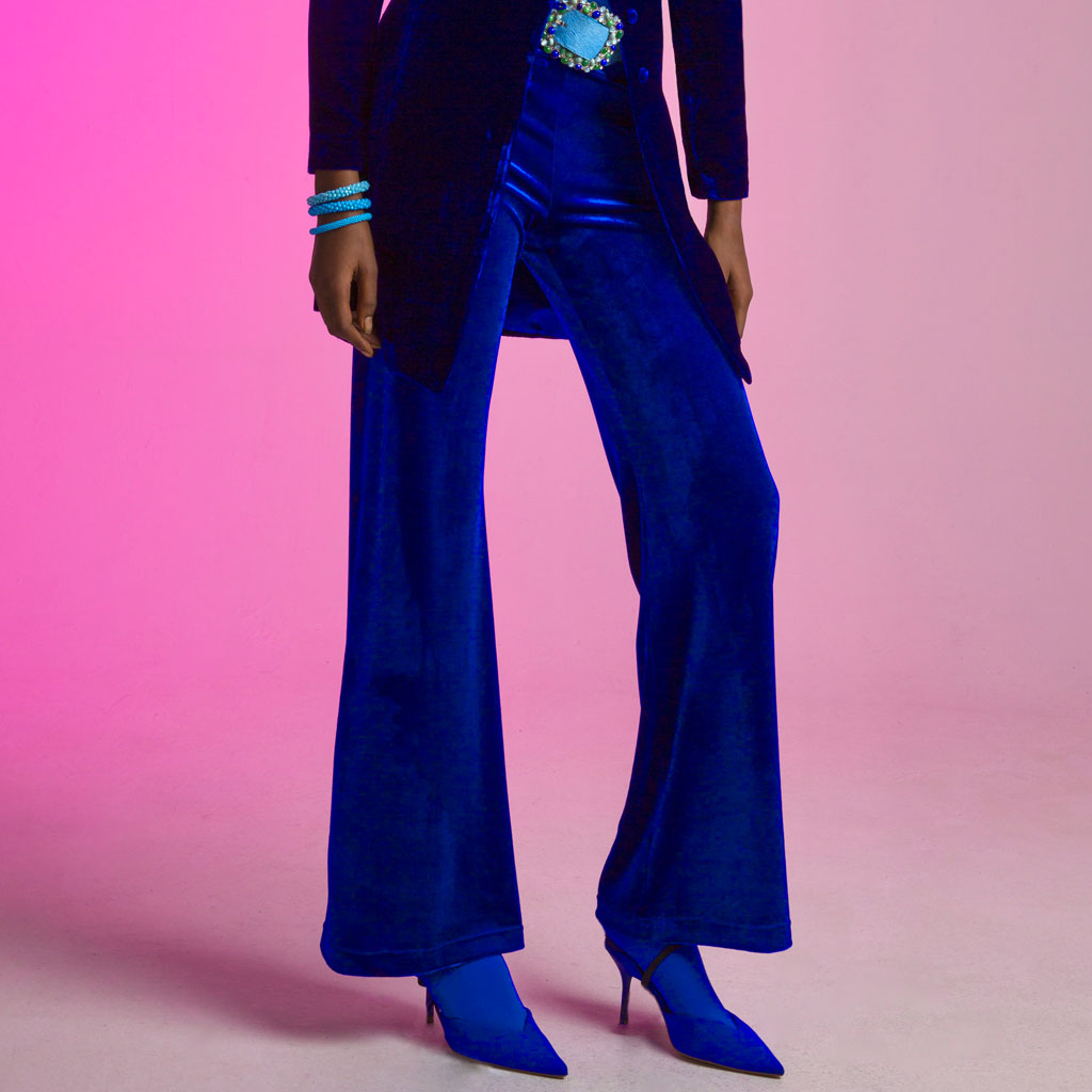 Royal Blue Velvet Wide Flare Trousers